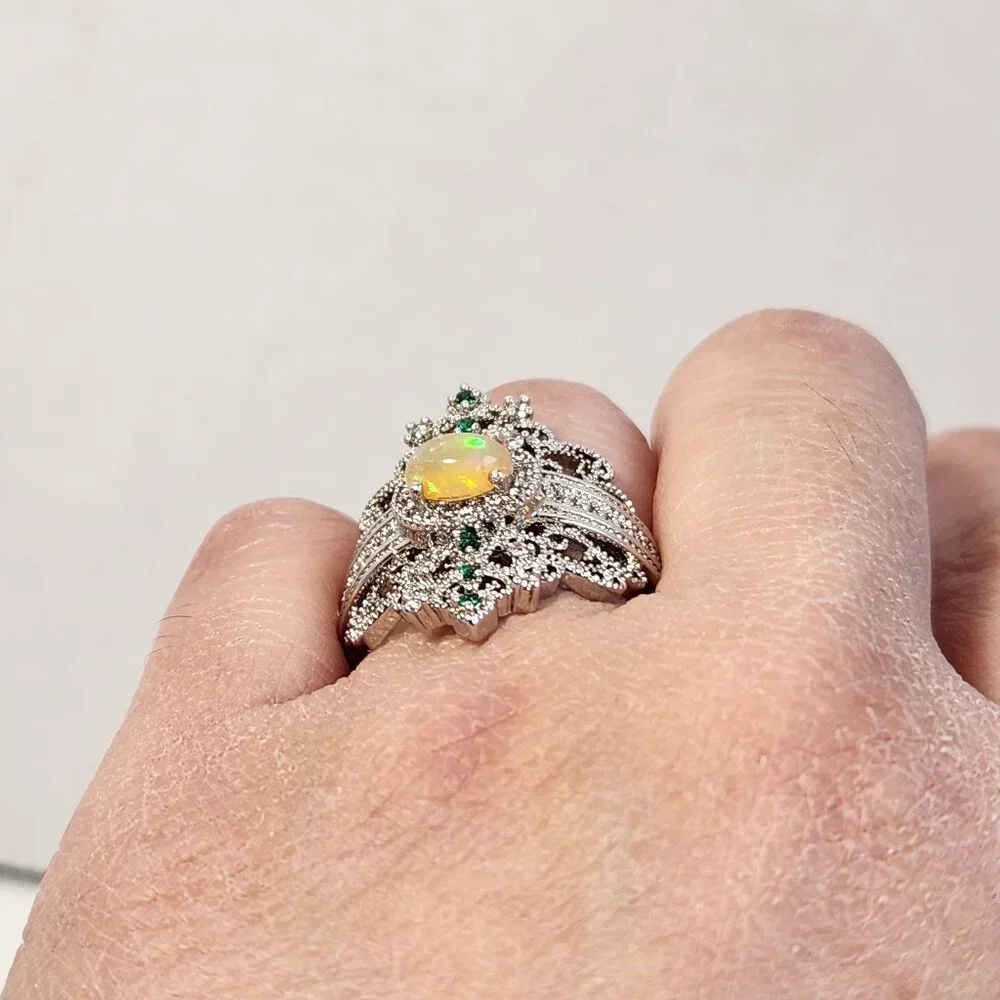 NIB 925 Art Deco Natural Opal & Tsavorite Accent Ornate Scroll Ring Sz 8.5 - Picture 12 of 12